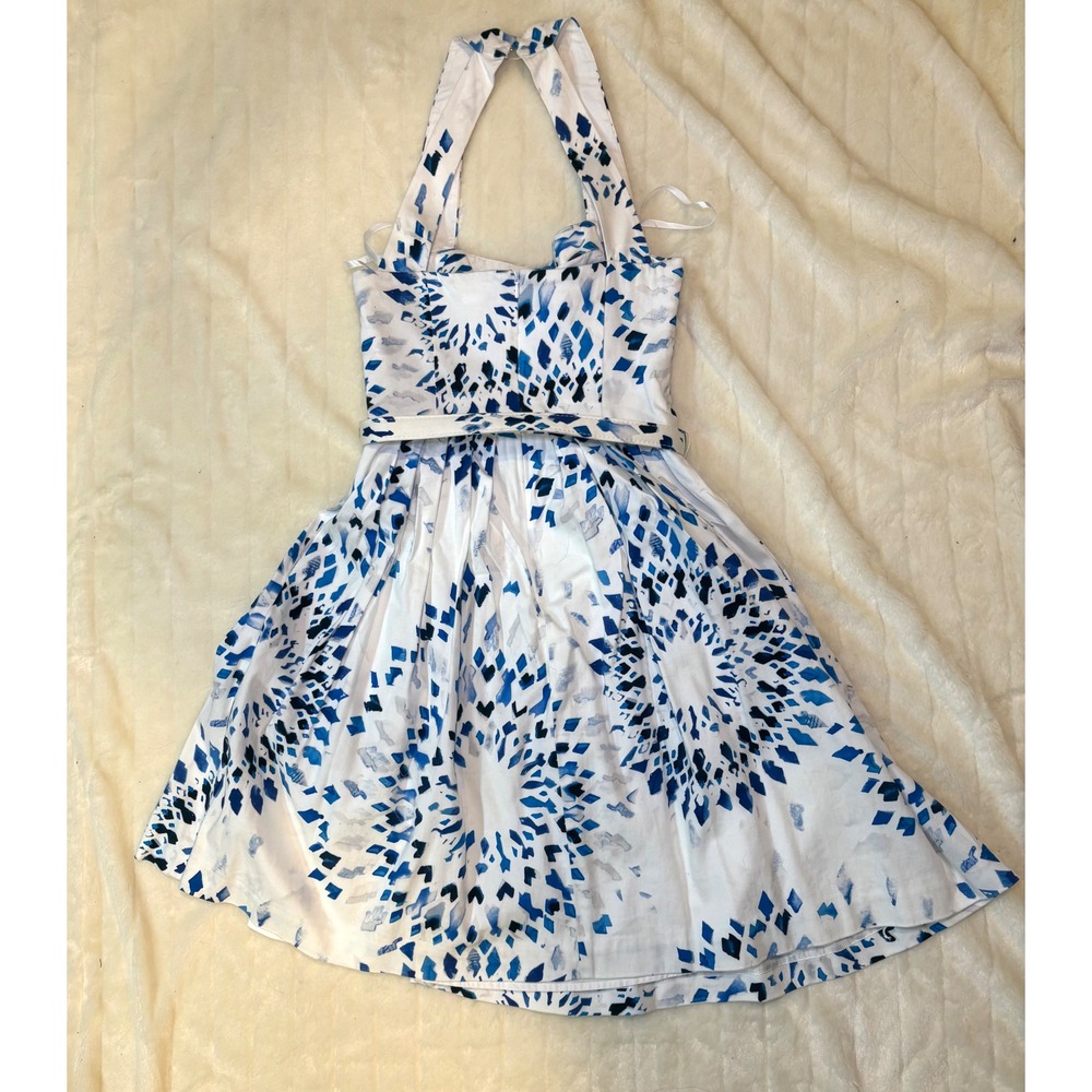 WHBM dress Blue White Geometric Diamond Print Halter Fit & Flare Sunburst Belted - Picture 10 of 11